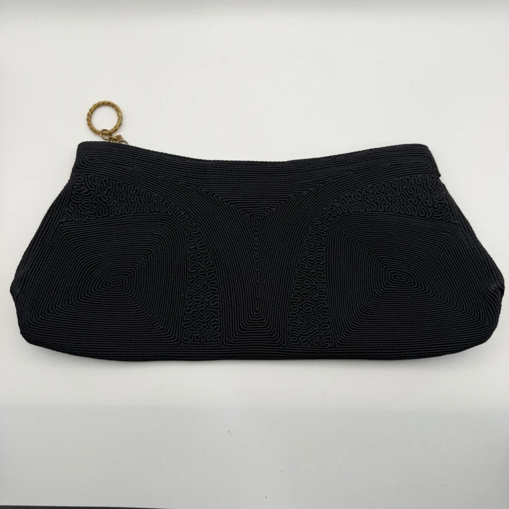 Vintage 1940s Corde Navy Blue Genuine Clutch Evening Bag Brass Zipper Ring Pull